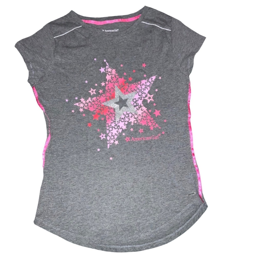 American Girl Gray Pink Star Sparkle T Shirt Girls Size‎ L 14 /16 no stains